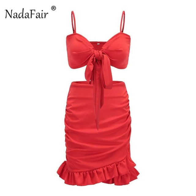 Two Pieces Set Women Ruffles Bow Casual Beach Summer Red Off Shoulder Sexy Club Bodycon Wrap Mini Party Dress The Clothing Company Sydney
