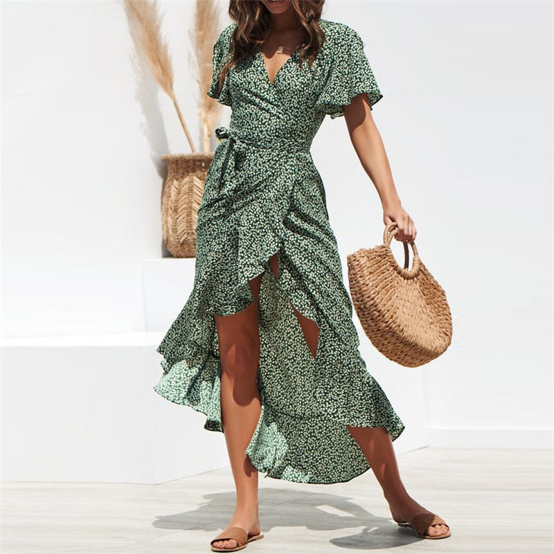 Summer Beach Maxi Floral Print Boho Long Ruffles Wrap Casual V-Neck Split Party Dress The Clothing Company Sydney