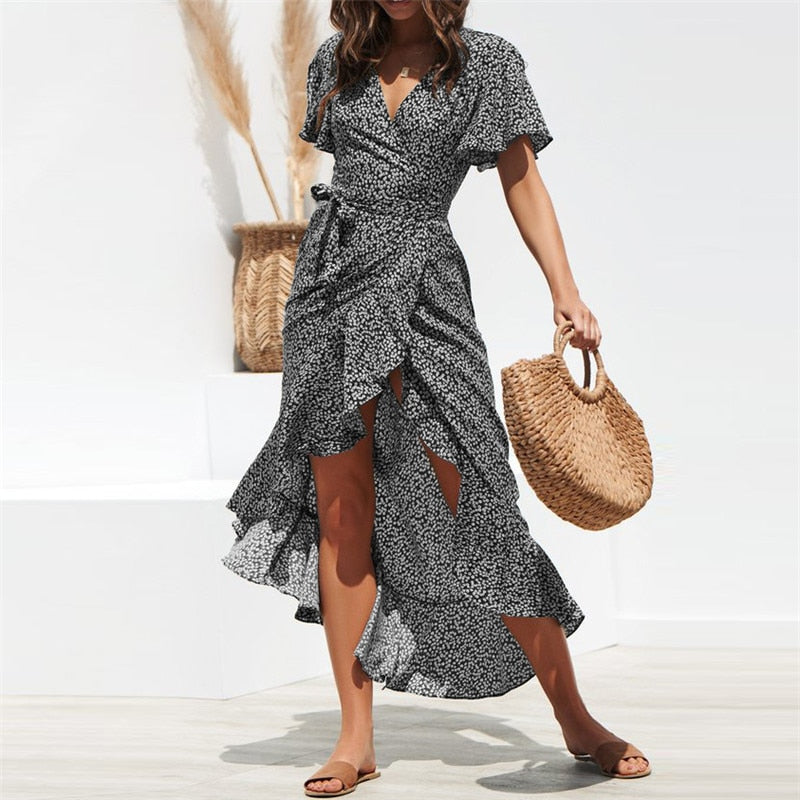 Summer Floral Print Boho Long Ruffles Wrap Casual V-Neck Split Sexy Party Robe Beach Maxi Dress The Clothing Company Sydney