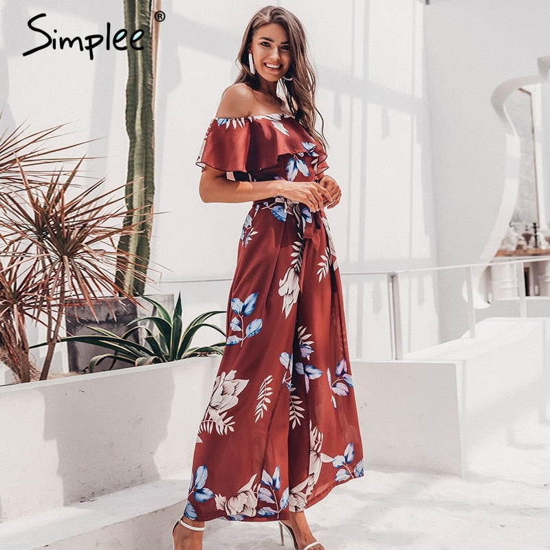 Bohemian floral print Elegant off shoulder sashes ladies long Summer beach ruffled playsuit Jumpsuit The Clothing Company Sydney