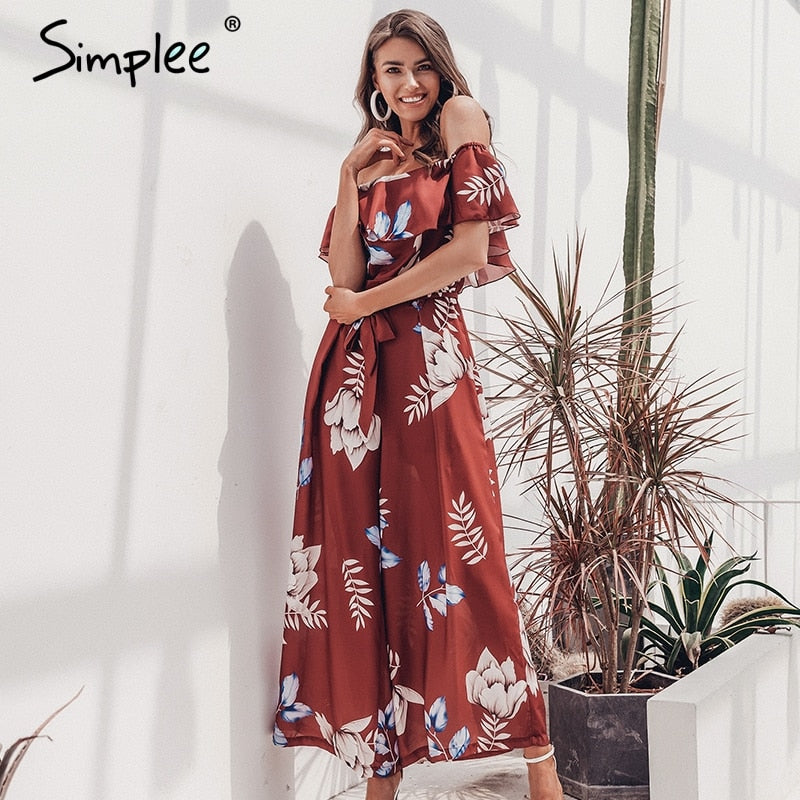 Bohemian floral print Elegant off shoulder sashes ladies long Summer beach ruffled playsuit Jumpsuit The Clothing Company Sydney