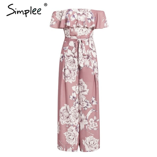 Bohemian floral print Elegant off shoulder sashes ladies long Summer beach ruffled playsuit Jumpsuit The Clothing Company Sydney