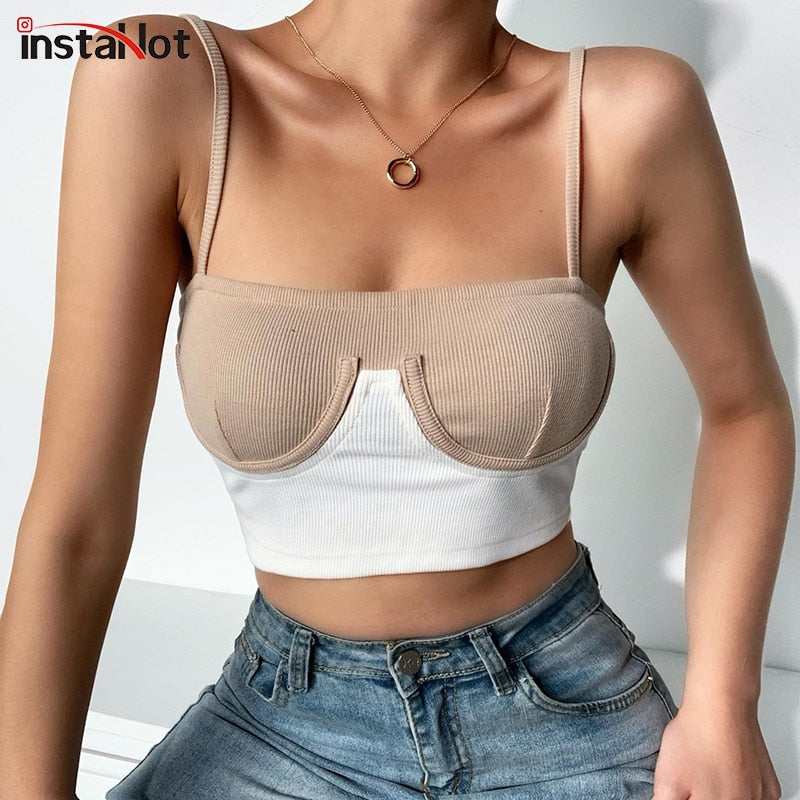 Cami top summer rib knit bikini patchwork slash neck slim skinny backless crop top casual strap top The Clothing Company Sydney