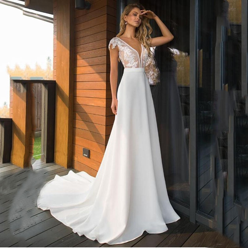 Elegant Satin V-neck A-line Boho Bridal Gowns Backless Plus size Wedding Dress The Clothing Company Sydney