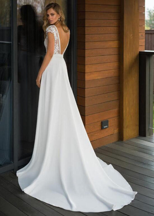 Elegant Satin V-neck A-line Boho Bridal Gowns Backless Plus size Wedding Dress The Clothing Company Sydney
