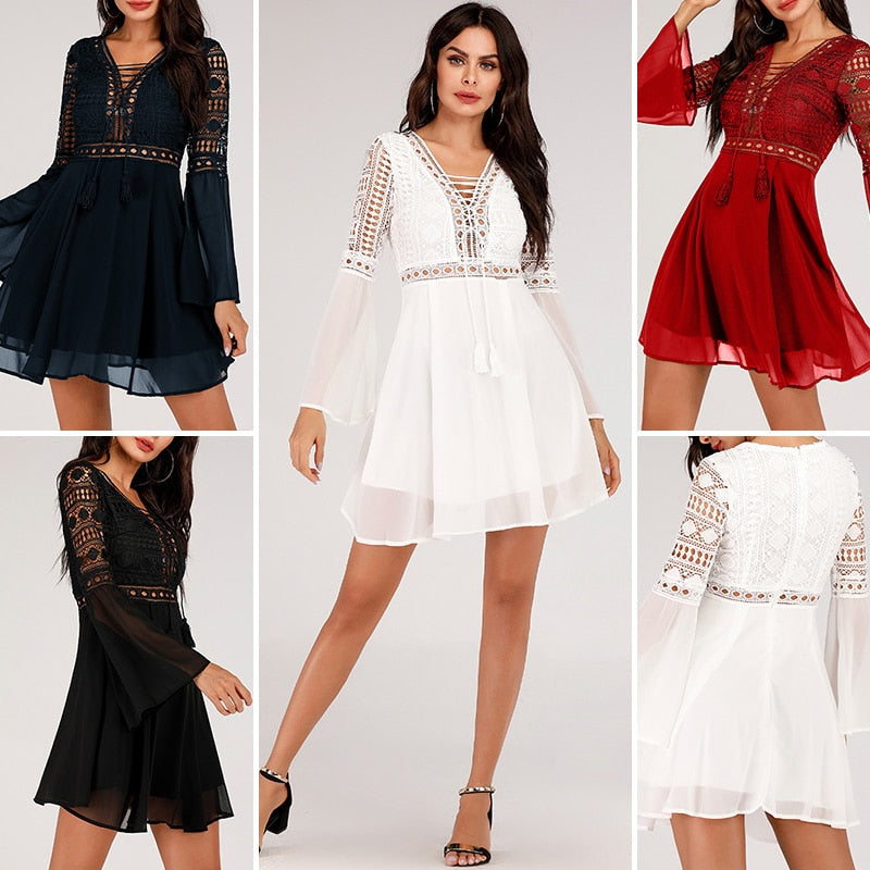 Mini V Neck Hollow Out Chiffon Criss Cross Plunge Long Sleeve Crochet White Lace Dress The Clothing Company Sydney