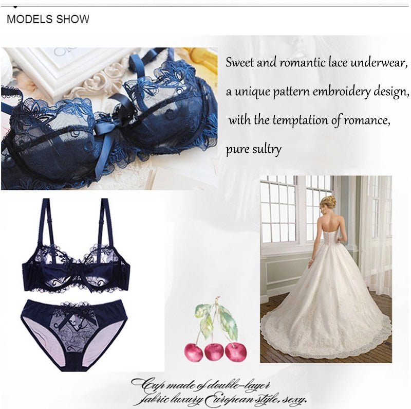 Fashion embroidery bras underwear women set plus size lingerie sexy C D cup Ultrathin transparent bra panties lace bra set The Clothing Company Sydney