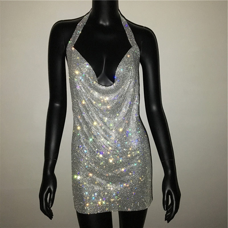 Deep V Neck Crystal Luxury Rhinestone Halter Club Party Backless Split Mini Dresses The Clothing Company Sydney