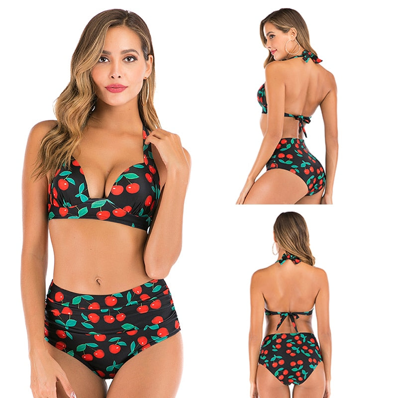 2 Piece High waist bikini set Halter bathing suit swimsuit Plus size bikini Floral print swimwear The Clothing Company Sydney