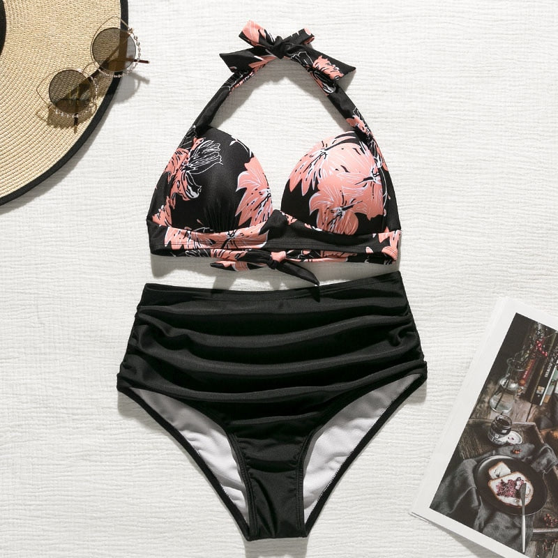 2 Piece High waist bikini set Halter bathing suit swimsuit Plus size bikini Floral print swimwear The Clothing Company Sydney