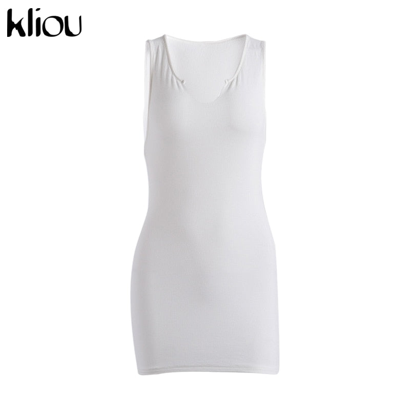 Cotton Mix sleeveless v-neck elastic fitness fashion solid white skinny bodycon mini streetwear Dress The Clothing Company Sydney