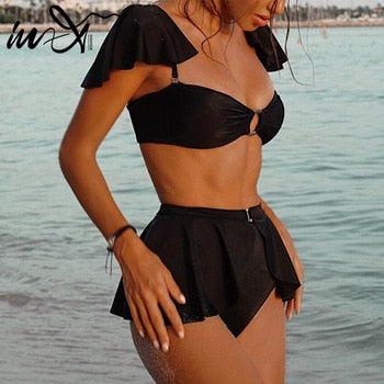 2 Piece High waist Ruffle swimsuit female swimwear women Off shoulder retro bathing suit with skirt Bikini Set The Clothing Company Sydney