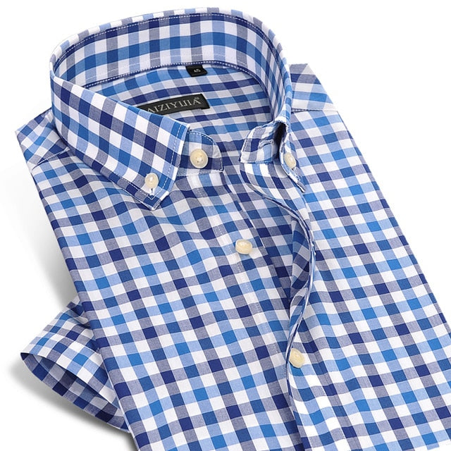 England Style Plaid Checked Cotton Men's Pocket-less Design Short Sleeve Summer Casual Standard-fit Button-down Thin Shirt The Clothing Company Sydney