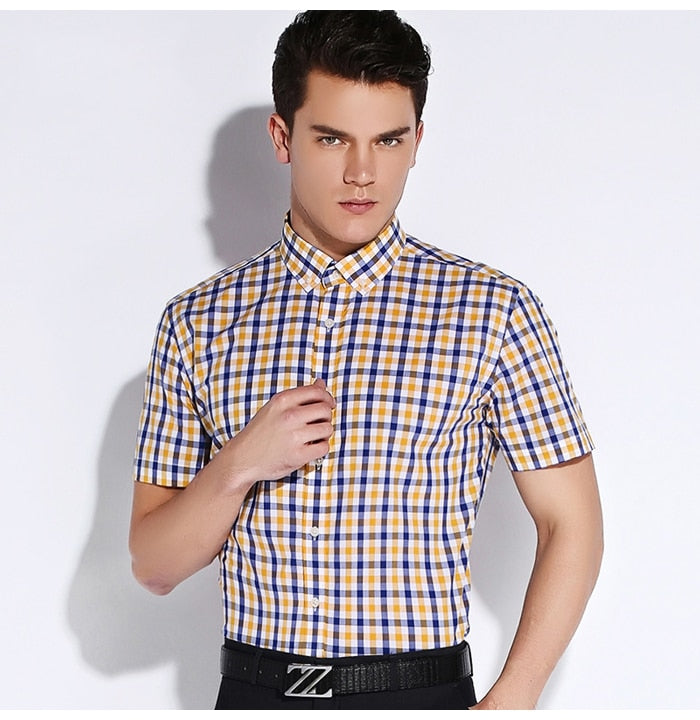 England Style Plaid Checked Cotton Men's Pocket-less Design Short Sleeve Summer Casual Standard-fit Button-down Thin Shirt The Clothing Company Sydney