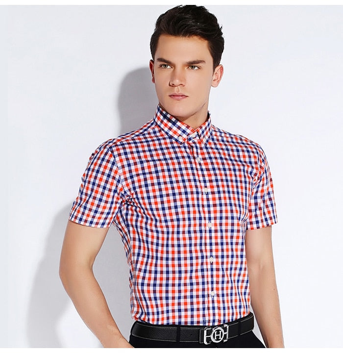 England Style Plaid Checked Cotton Men's Pocket-less Design Short Sleeve Summer Casual Standard-fit Button-down Thin Shirt The Clothing Company Sydney