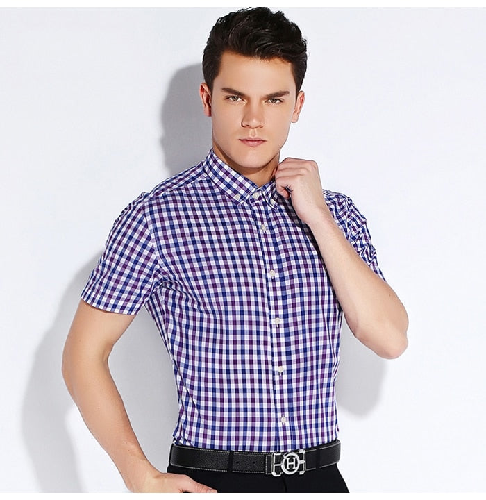 England Style Plaid Checked Cotton Men's Pocket-less Design Short Sleeve Summer Casual Standard-fit Button-down Thin Shirt The Clothing Company Sydney
