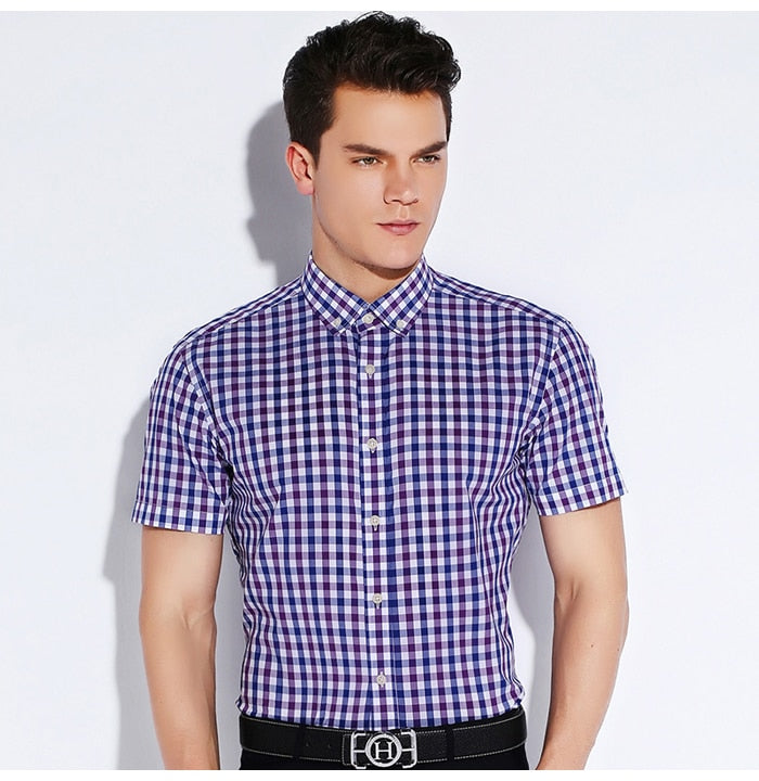 England Style Plaid Checked Cotton Men's Pocket-less Design Short Sleeve Summer Casual Standard-fit Button-down Thin Shirt The Clothing Company Sydney