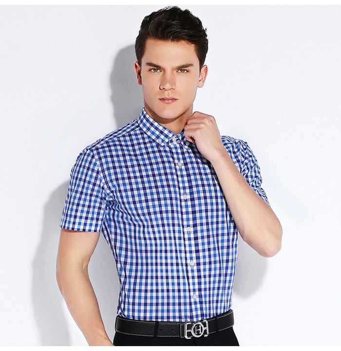 England Style Plaid Checked Cotton Men's Pocket-less Design Short Sleeve Summer Casual Standard-fit Button-down Thin Shirt The Clothing Company Sydney