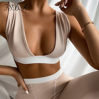 2 Piece V Neck Crop Top Sleeveless Backless And Biker Shorts Home Khaki Outfit Sport Set The Clothing Company Sydney