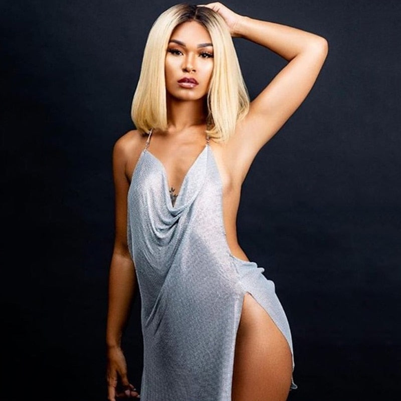 Deep V Neck Blackless Halter Silver Metal Sequined Slit Stage Show Party Mini Dresses The Clothing Company Sydney