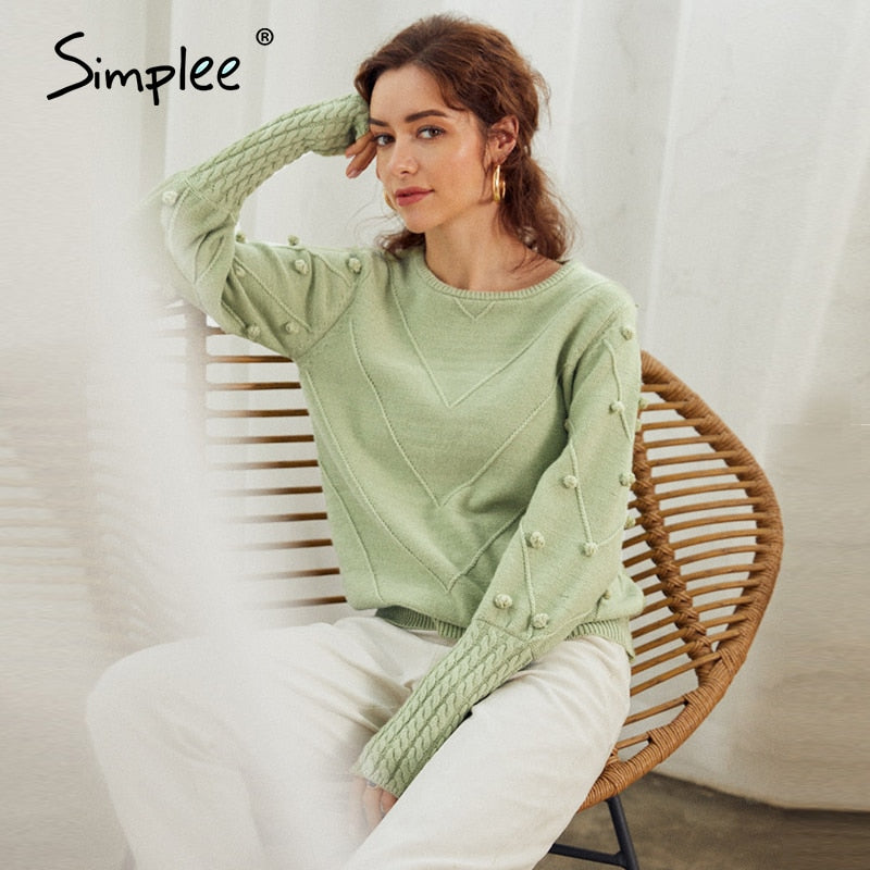 Elegant fur pompon sweater Autumn winter lantern sleeve knitted sweater Streetwear ladies green pullover Jumper The Clothing Company Sydney