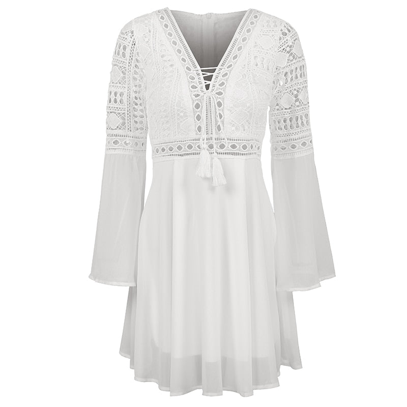 Mini V Neck Hollow Out Chiffon Criss Cross Plunge Long Sleeve Crochet White Lace Dress The Clothing Company Sydney