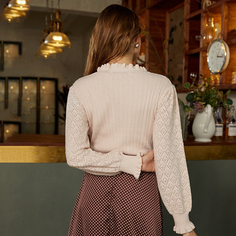 Elegant fur pompon sweater Autumn winter lantern sleeve knitted sweater Streetwear ladies green pullover Jumper The Clothing Company Sydney