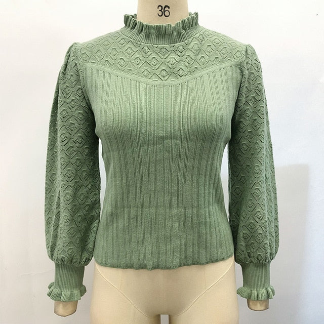 Elegant fur pompon sweater Autumn winter lantern sleeve knitted sweater Streetwear ladies green pullover Jumper The Clothing Company Sydney