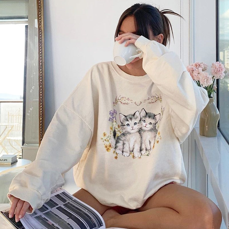 Cat Print Cute White Oversized Autumn Cute Long Sleeve Sweat Shirt Casual Loose Pullover Streetwear Sweatshirt The Clothing Company Sydney