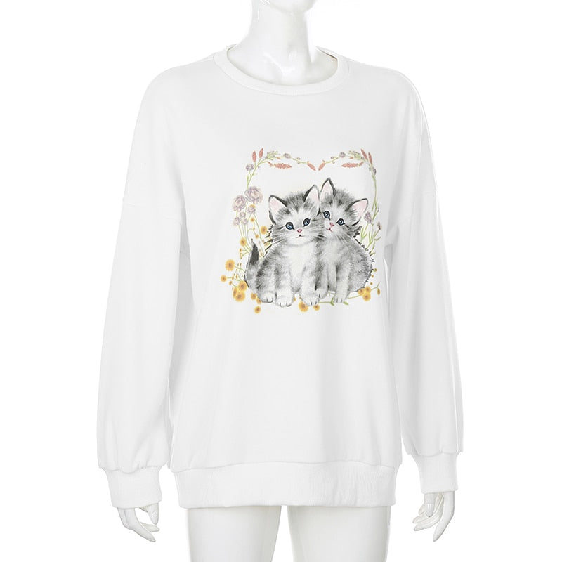 Cat Print Cute White Oversized Autumn Cute Long Sleeve Sweat Shirt Casual Loose Pullover Streetwear Sweatshirt The Clothing Company Sydney