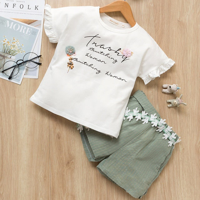 2 Piece Girls Clothing Sets New Summer Sleeveless T-shirt+Print Bow Skirt Shorts for Kids Clothing Sets Outfit The Clothing Company Sydney