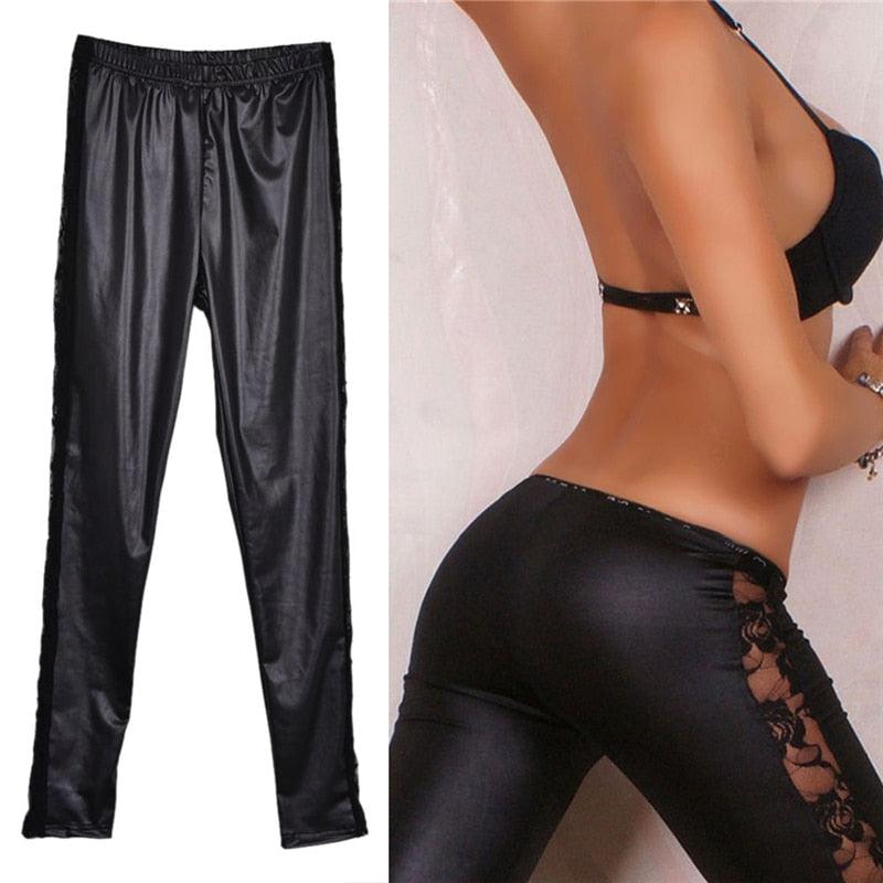 1pc black Sexy Splicing Lace Faux Leather Slim Fit Leggings Skinny Stretch Pants The Clothing Company Sydney