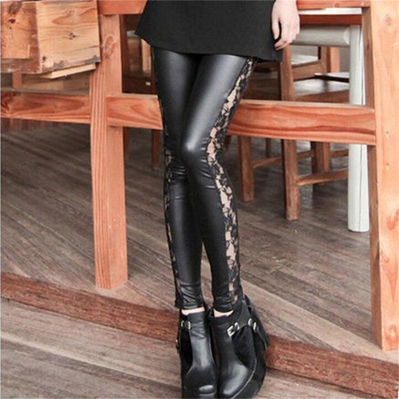 1pc black Sexy Splicing Lace Faux Leather Slim Fit Leggings Skinny Stretch Pants The Clothing Company Sydney