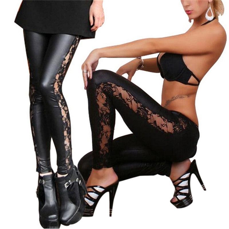 1pc black Sexy Splicing Lace Faux Leather Slim Fit Leggings Skinny Stretch Pants The Clothing Company Sydney
