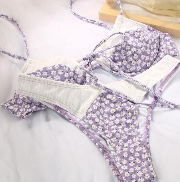 Deep V Neck Bikini Floral Print Swimsuit Bow Swimwear Lace Up Bikini Set The Clothing Company Sydney