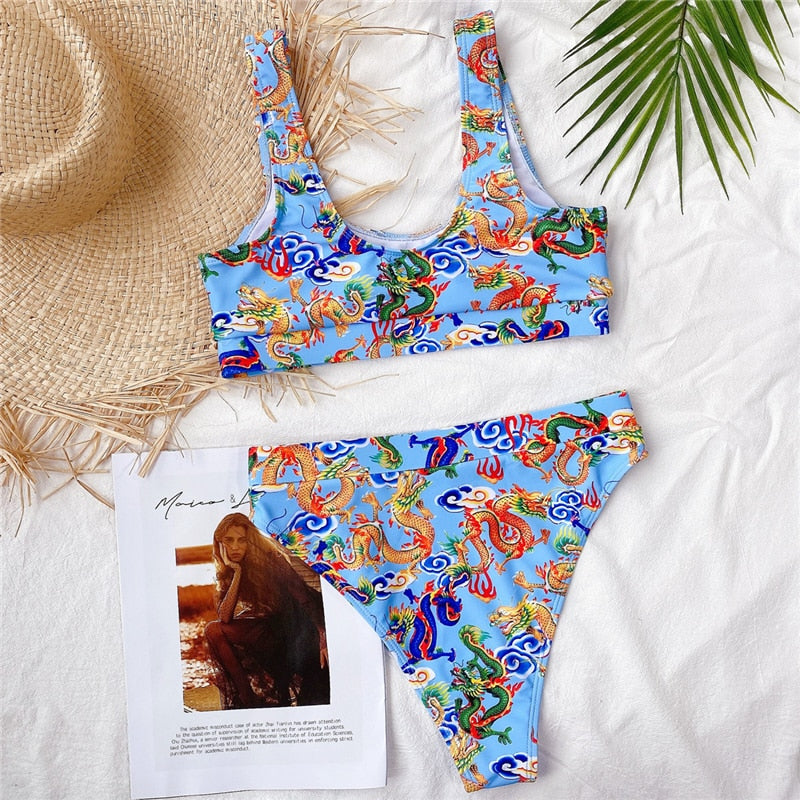 Bandeau high waist bikini Push up swimwear Dragon print sexy bikini set Retro swimsuit Bathing suit The Clothing Company Sydney