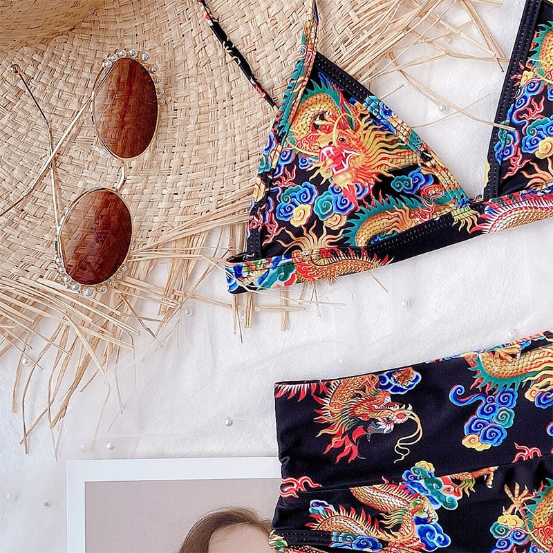 Bandeau high waist bikini Push up swimwear Dragon print sexy bikini set Retro swimsuit Bathing suit The Clothing Company Sydney