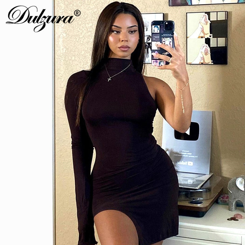 Solid mini one shoulder long sleeve turtleneck bodycon slit streetwear party elegant Dress The Clothing Company Sydney