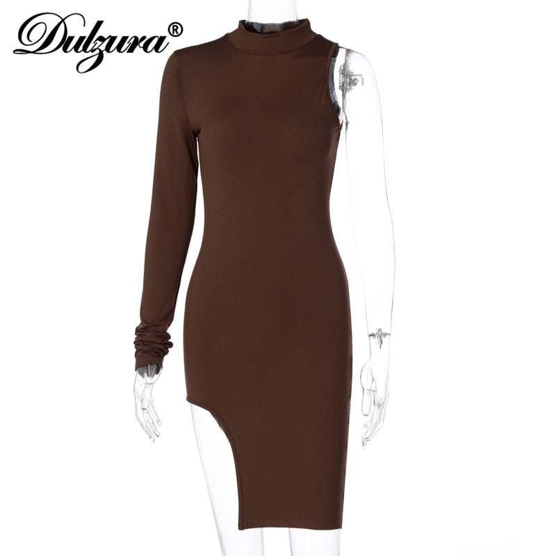 Solid mini one shoulder long sleeve turtleneck bodycon slit streetwear party elegant Dress The Clothing Company Sydney