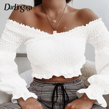 Fashion Chic Smocking White Shirt Women Blouse Long Sleeve Criss-cross Off Shoulder Top Crop The Clothing Company Sydney