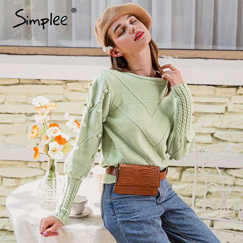 Elegant fur pompon sweater Autumn winter lantern sleeve knitted sweater Streetwear ladies green pullover Jumper The Clothing Company Sydney