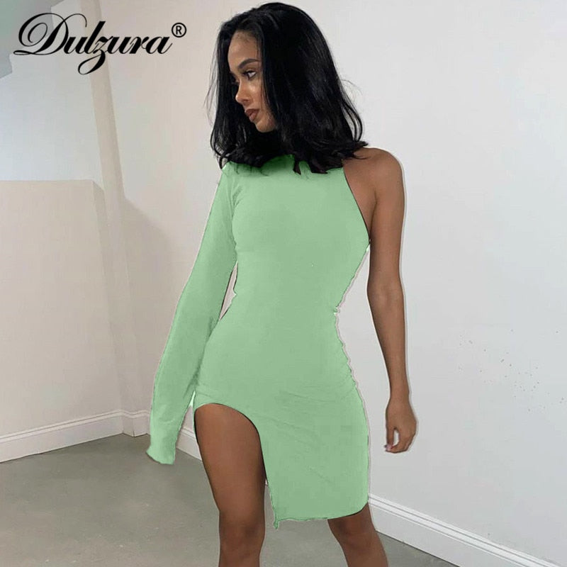 Solid mini one shoulder long sleeve turtleneck bodycon slit streetwear party elegant Dress The Clothing Company Sydney