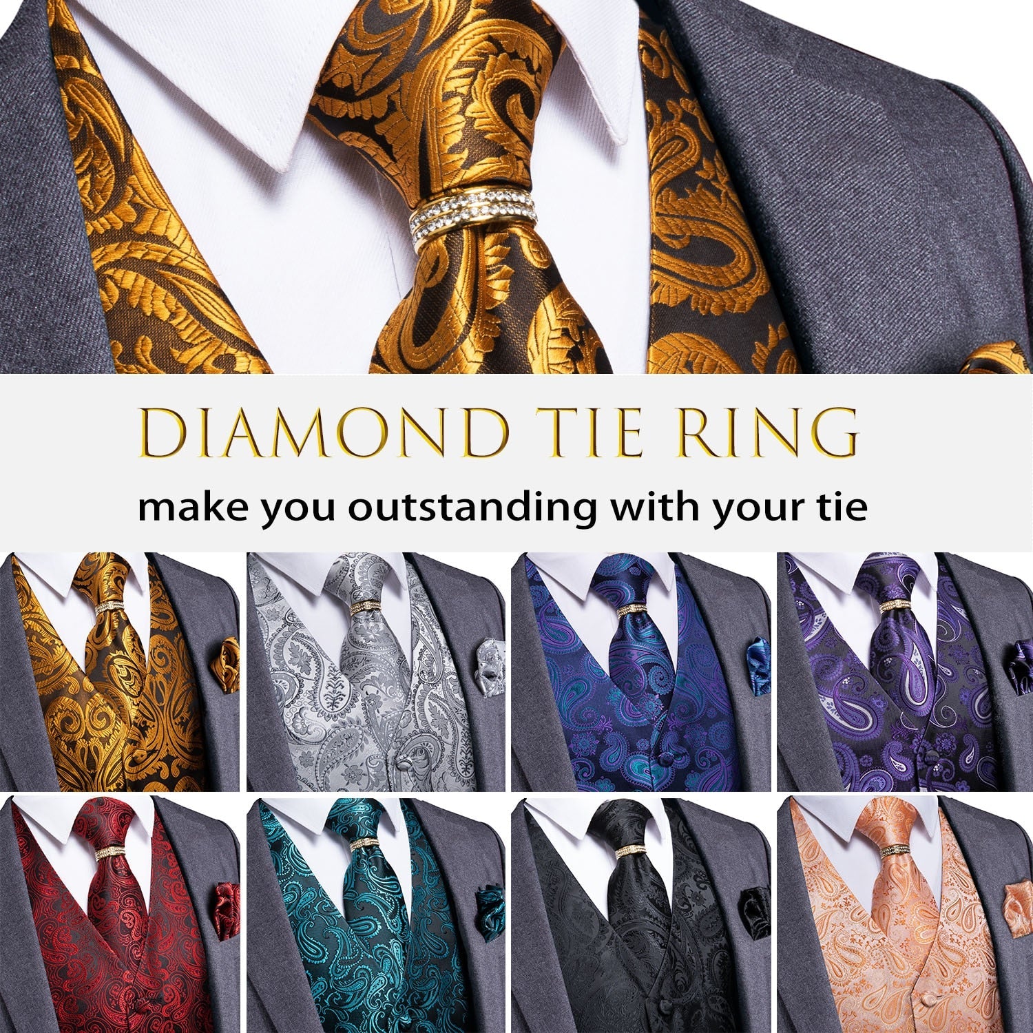 5 Piece Men Gold Paisley Silk Waistcoat Ascot Tie Pocket Square Necktie Ring Set Wedding Formal Dress Vests Set The Clothing Company Sydney