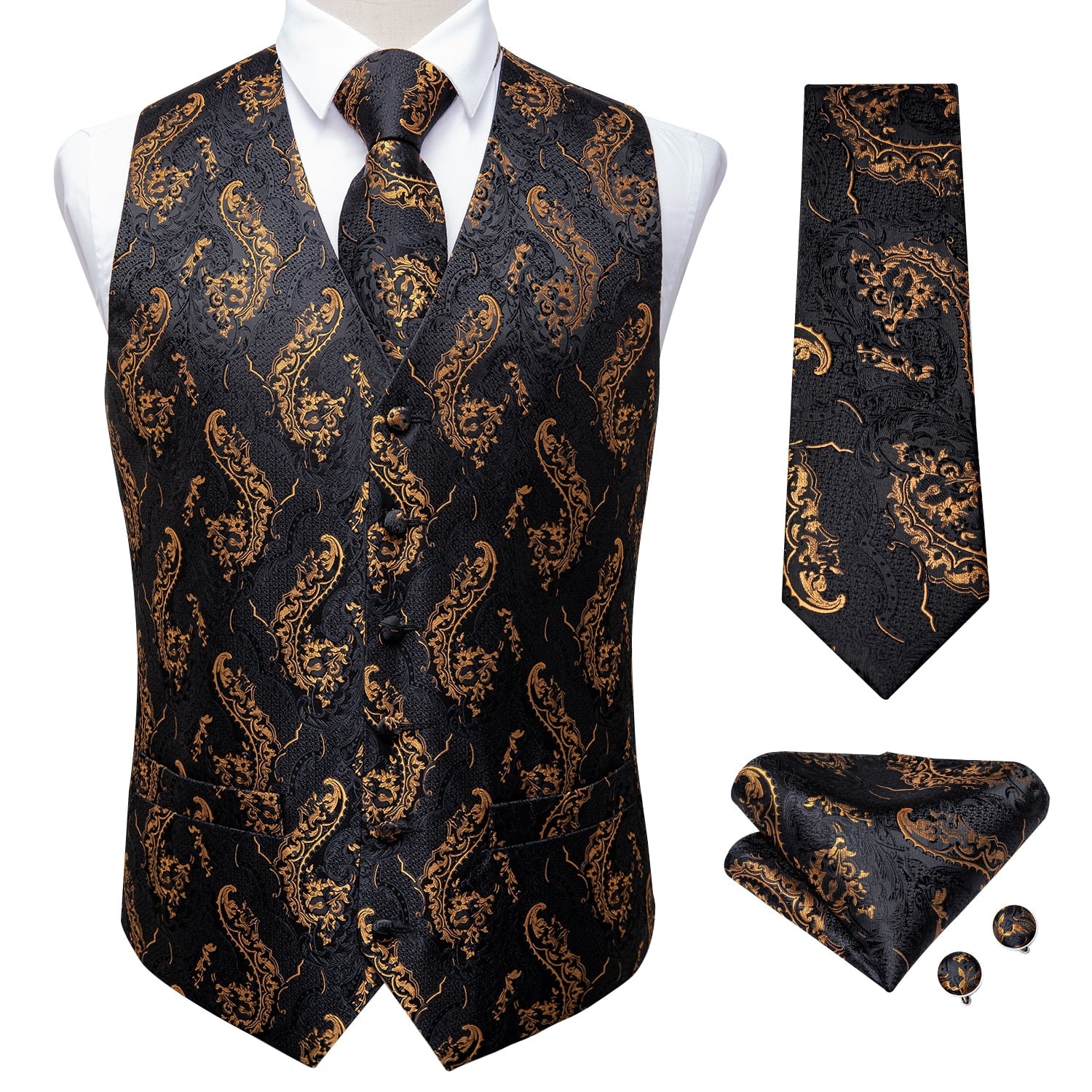 5 Piece Men Gold Paisley Silk Waistcoat Ascot Tie Pocket Square Necktie Ring Set Wedding Formal Dress Vests Set The Clothing Company Sydney