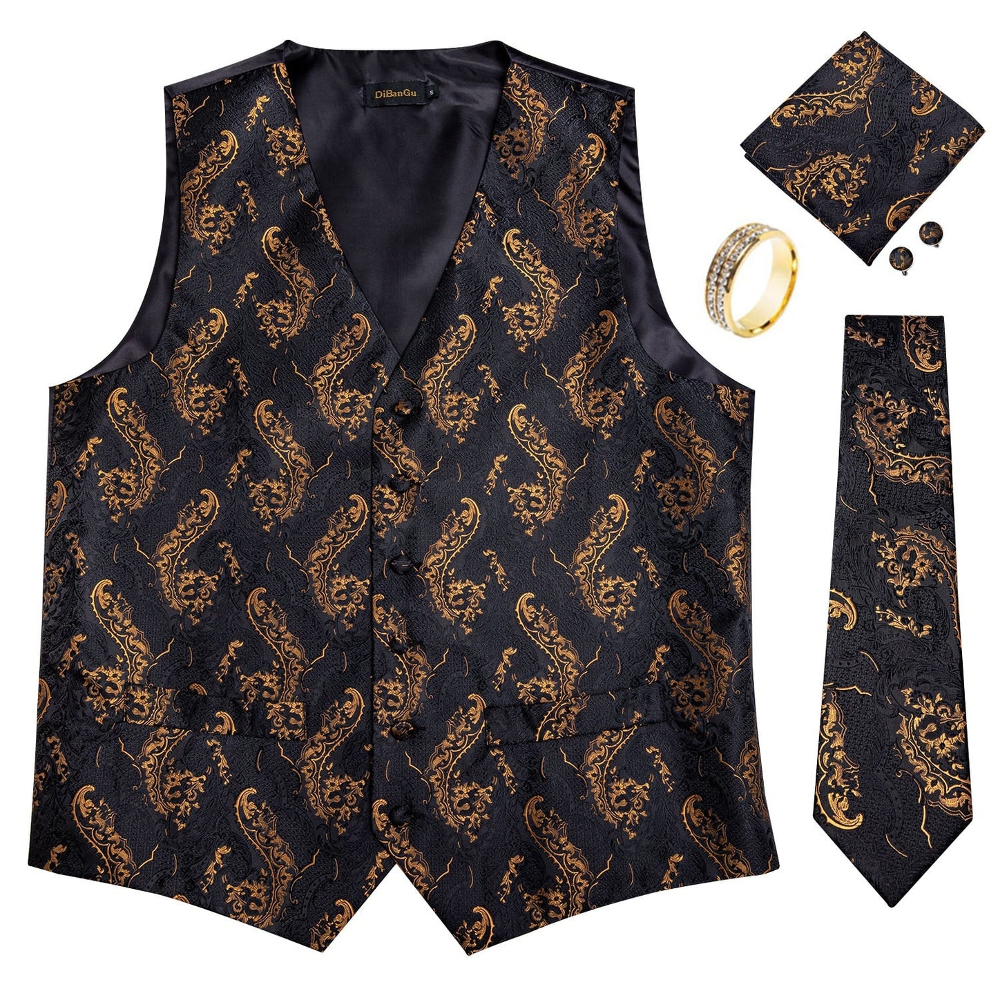 5 Piece Men Gold Paisley Silk Waistcoat Ascot Tie Pocket Square Necktie Ring Set Wedding Formal Dress Vests Set The Clothing Company Sydney