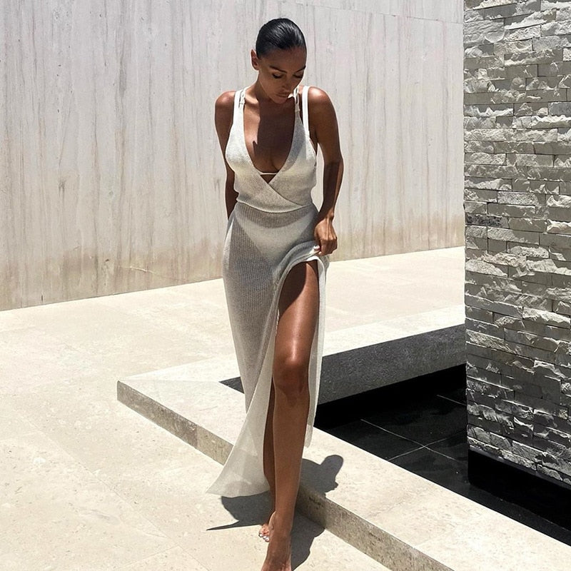 Crochet Beach Maxi See Through Plunge Backless Bandage Sleeveless Lacing Split Long Dresses The Clothing Company Sydney