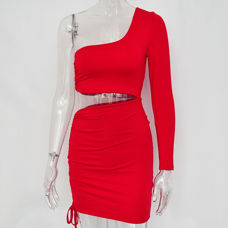 One Shoulder Hollow Out Pleated Bandage Bodycon Mini Casual Party Autumn Summer Dress The Clothing Company Sydney