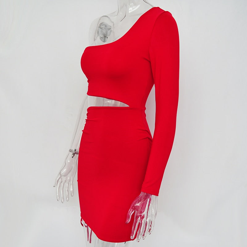 One Shoulder Hollow Out Pleated Bandage Bodycon Mini Casual Party Autumn Summer Dress The Clothing Company Sydney