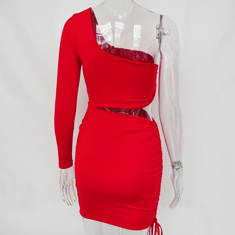 One Shoulder Hollow Out Pleated Bandage Bodycon Mini Casual Party Autumn Summer Dress The Clothing Company Sydney