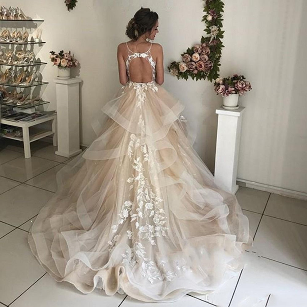 Pretty Champagne Backless Floral Ruffles Puffy Lace Bridal Gowns Beach Wedding Gown Dresses The Clothing Company Sydney